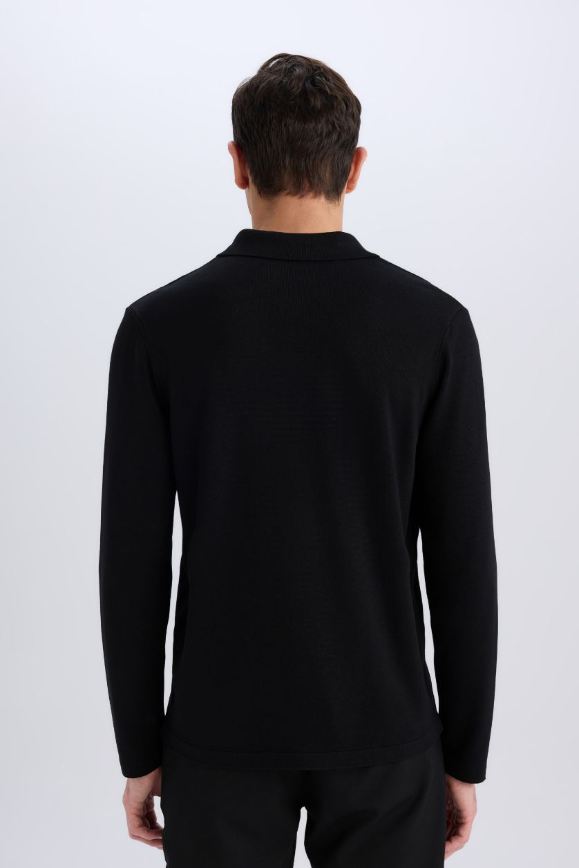 Erkek Siyah Standart Fit Polo Yaka Düğmeli Triko Hırka