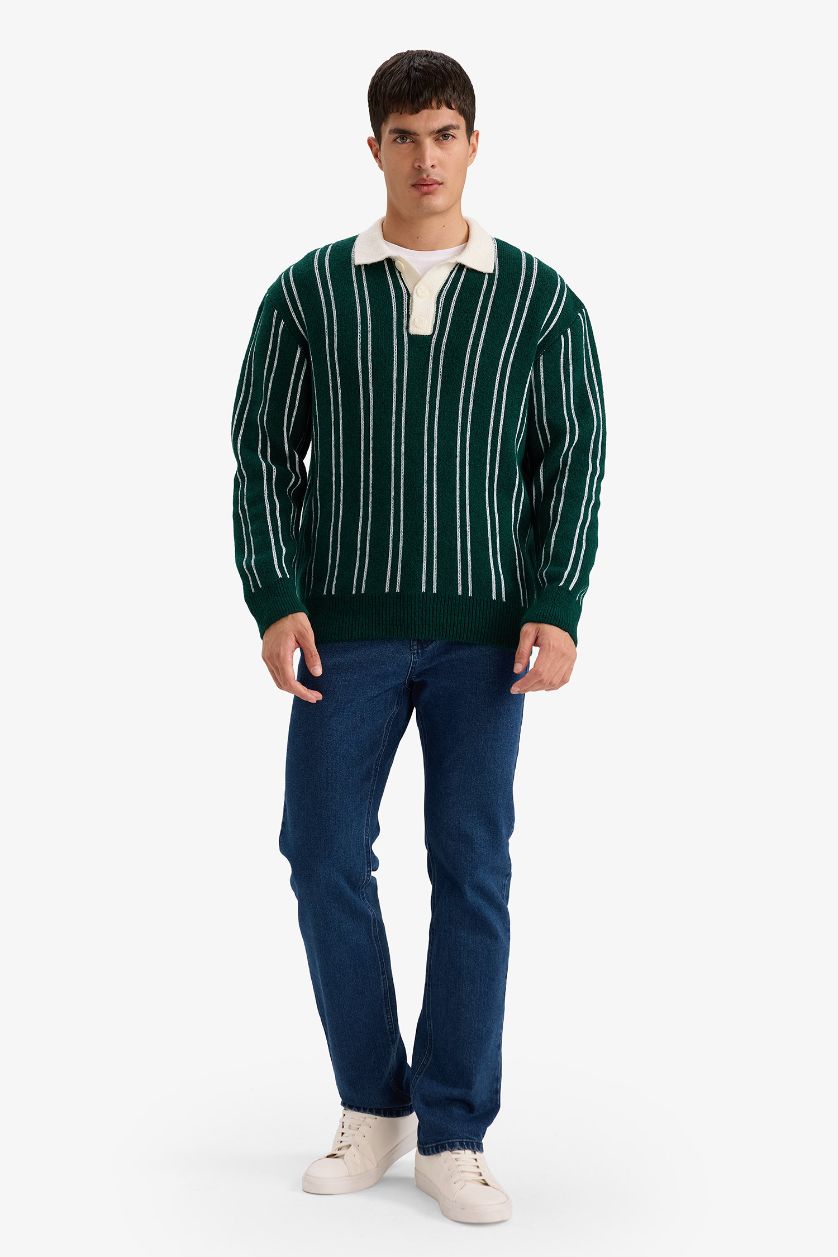 Man Green Relax Fit Polo Collar Knitwear Pullover