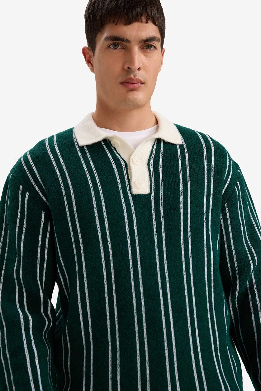 Man Green Relax Fit Polo Collar Knitwear Pullover