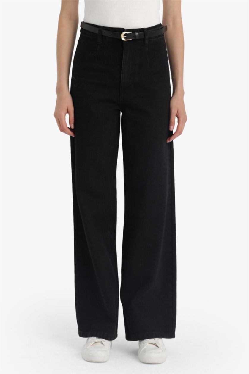 Әйелдерге қара кең аяқ деним тұрақты етек Шалбар