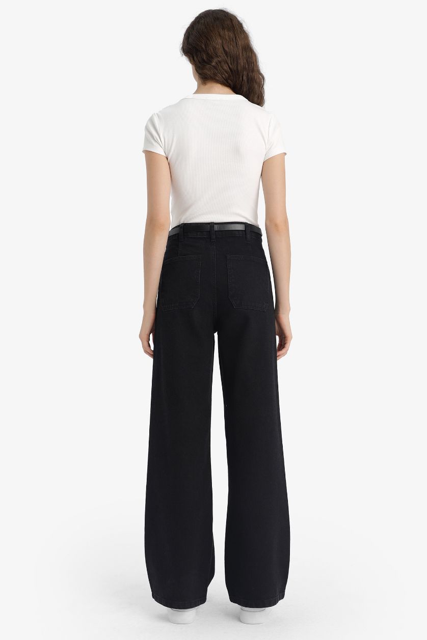 Әйелдерге қара кең аяқ деним тұрақты етек Шалбар