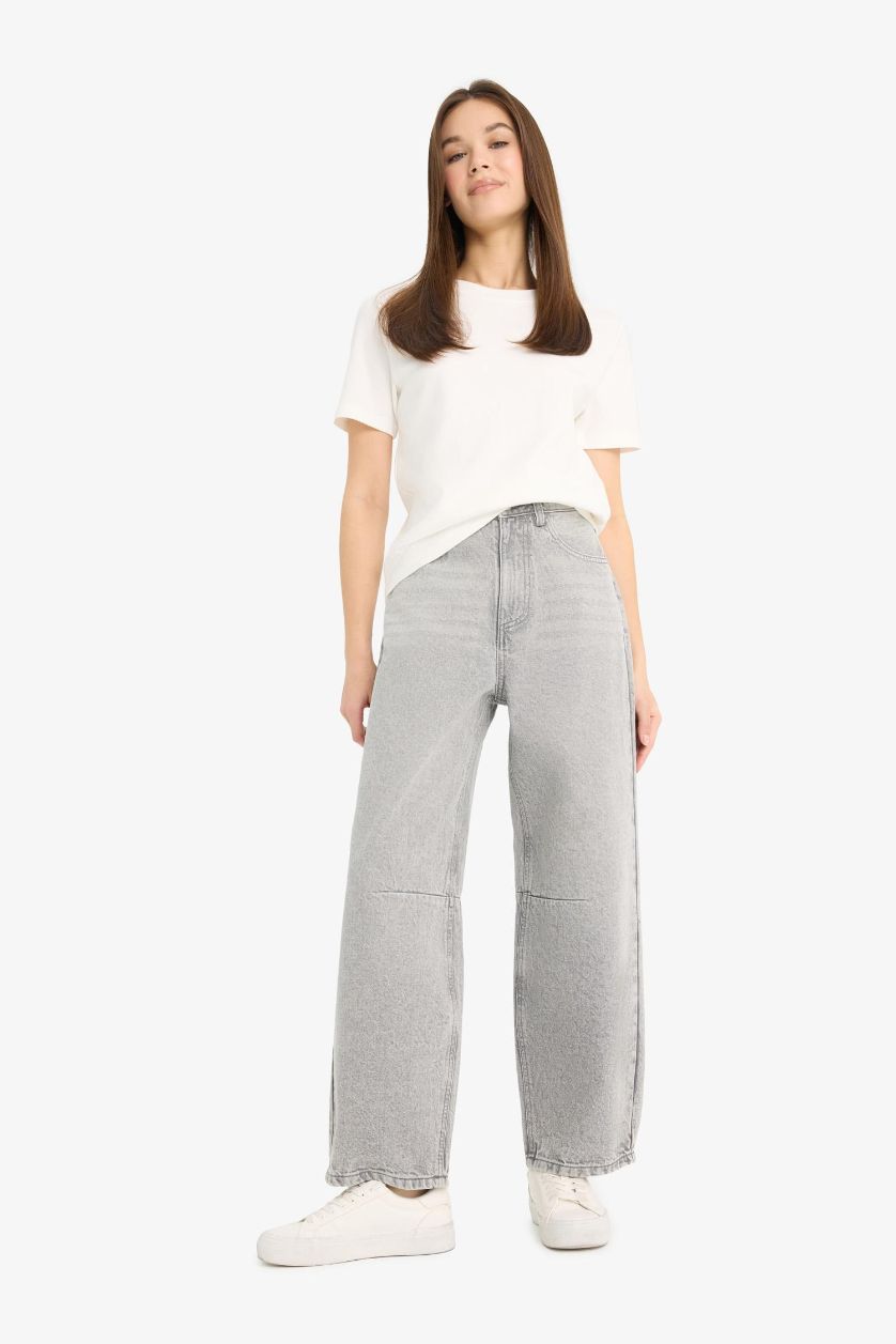 Kadın Gri %100 Pamuk Barrel Fıt Yüksek Bel Jean Pantolon