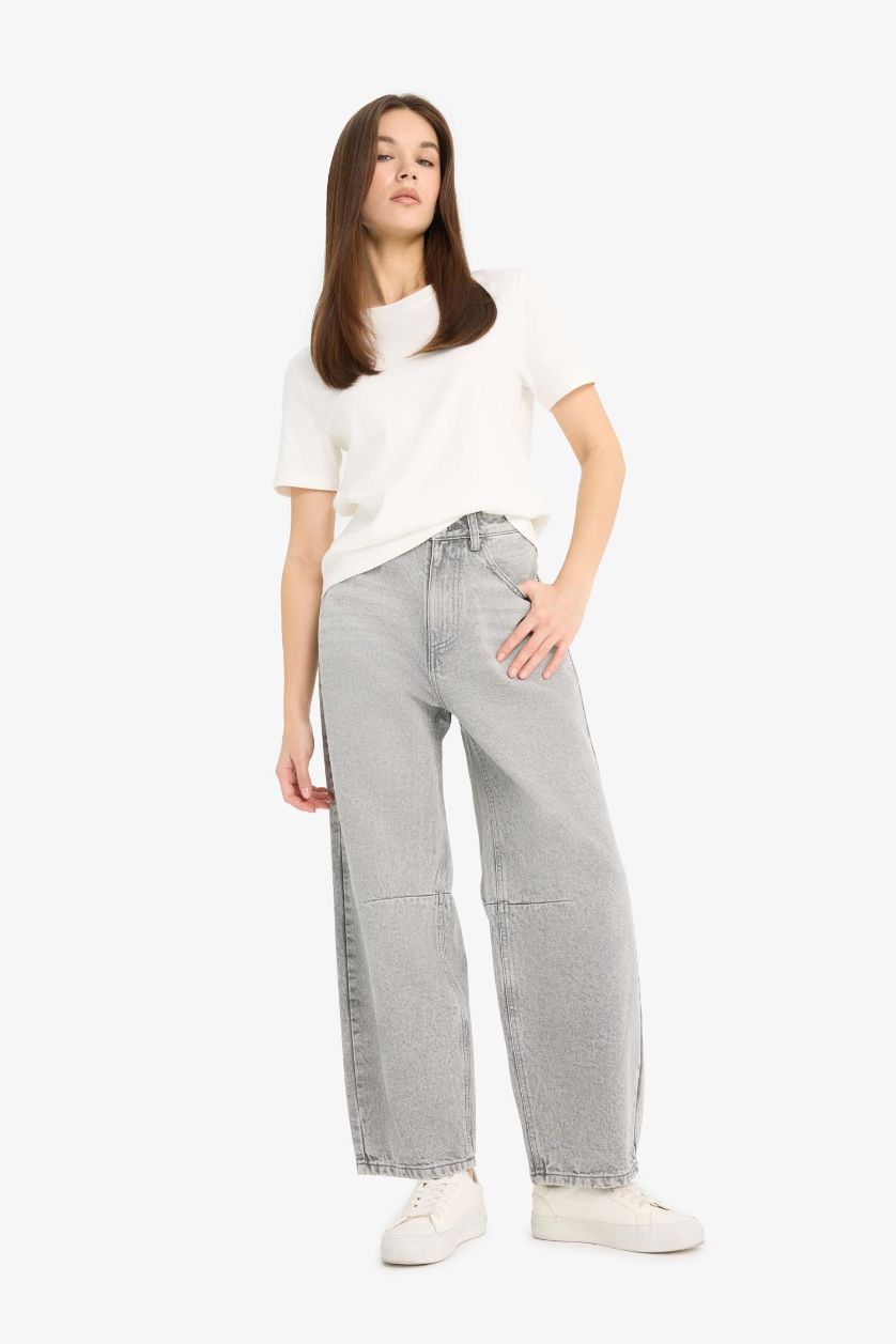 Kadın Gri %100 Pamuk Barrel Fıt Yüksek Bel Jean Pantolon