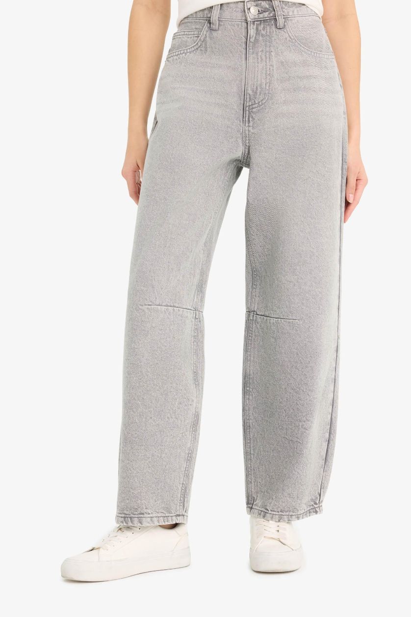 Kadın Gri %100 Pamuk Barrel Fıt Yüksek Bel Jean Pantolon