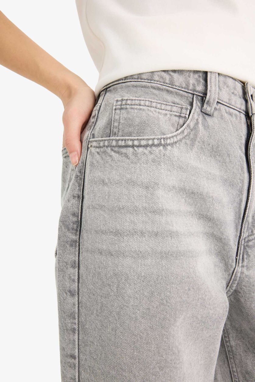 Kadın Gri %100 Pamuk Barrel Fıt Yüksek Bel Jean Pantolon