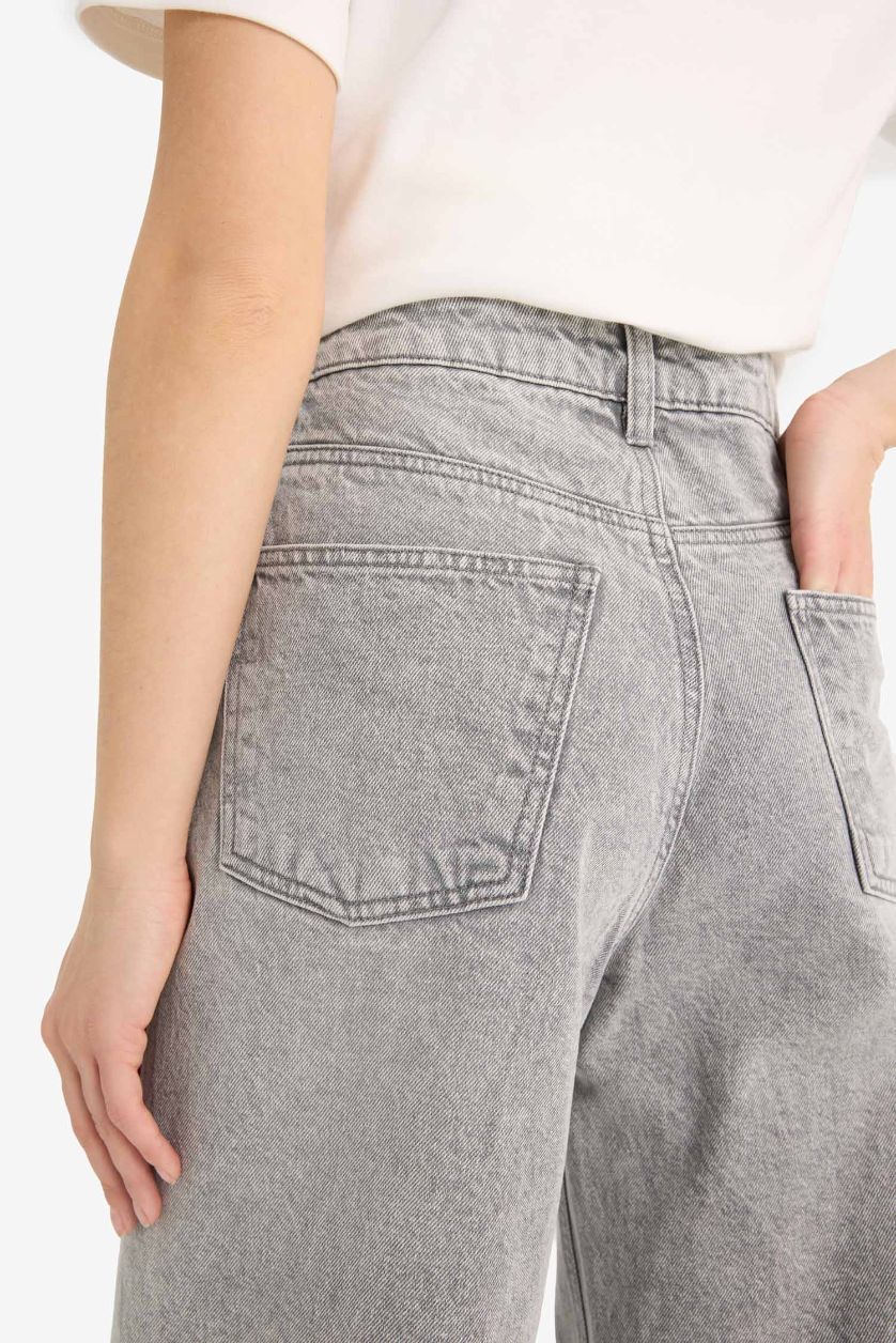 Kadın Gri %100 Pamuk Barrel Fıt Yüksek Bel Jean Pantolon