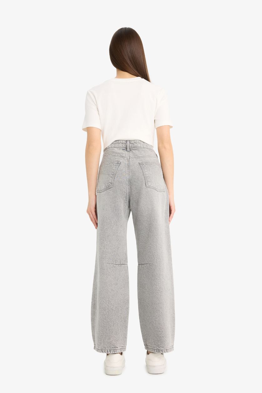 Kadın Gri %100 Pamuk Barrel Fıt Yüksek Bel Jean Pantolon