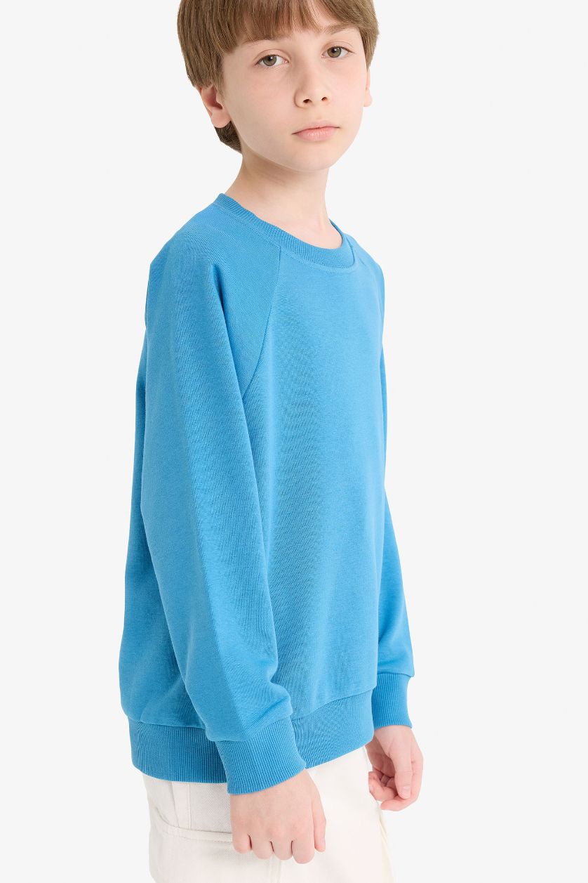 Erkek Çocuk - Genç Erkek Koyu Mavi Bisiklet Yaka Basic Düz Okul Sweatshirt Erkek Çocuk