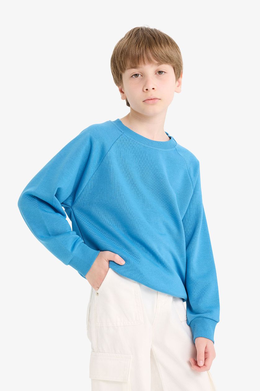 Erkek Çocuk - Genç Erkek Koyu Mavi Bisiklet Yaka Basic Düz Okul Sweatshirt Erkek Çocuk