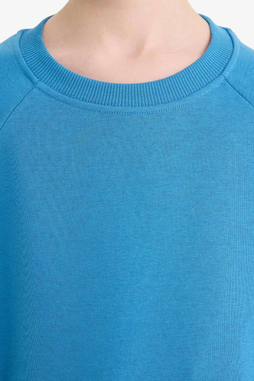 Erkek Çocuk - Genç Erkek Koyu Mavi Bisiklet Yaka Basic Düz Okul Sweatshirt Erkek Çocuk