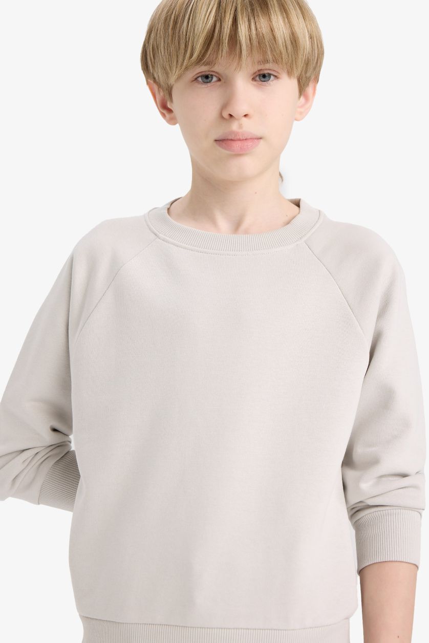 Erkek Çocuk - Genç Erkek Açık Gri Bisiklet Yaka Basic Düz Okul Sweatshirt Erkek Çocuk