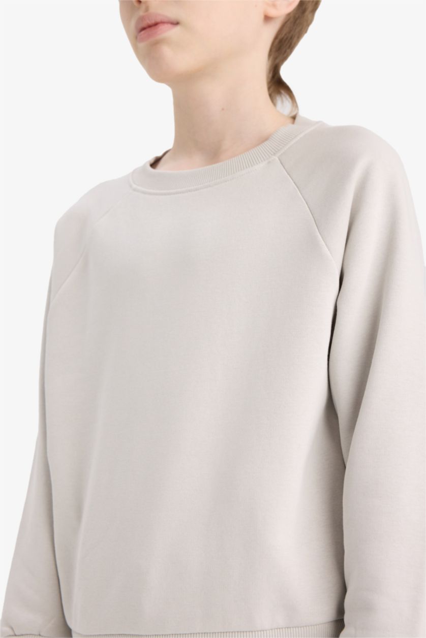 Erkek Çocuk - Genç Erkek Açık Gri Bisiklet Yaka Basic Düz Okul Sweatshirt Erkek Çocuk