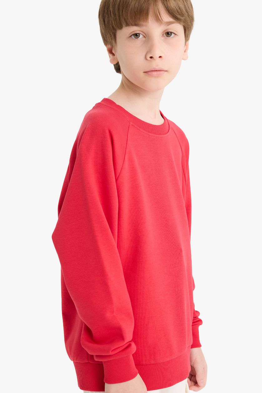 Erkek Çocuk - Genç Erkek Kırmızı Bisiklet Yaka Basic Düz Okul Sweatshirt Erkek Çocuk