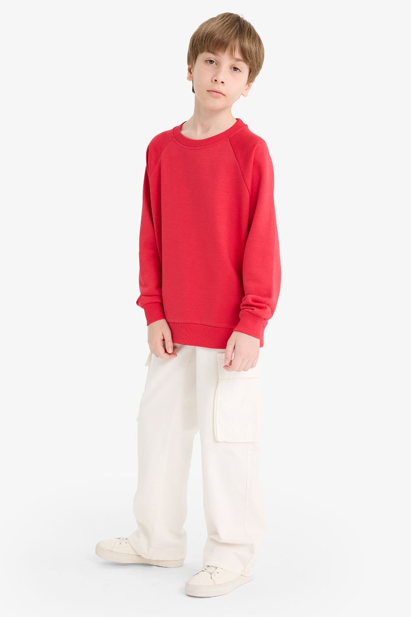 Erkek Çocuk - Genç Erkek Kırmızı Bisiklet Yaka Basic Düz Okul Sweatshirt Erkek Çocuk