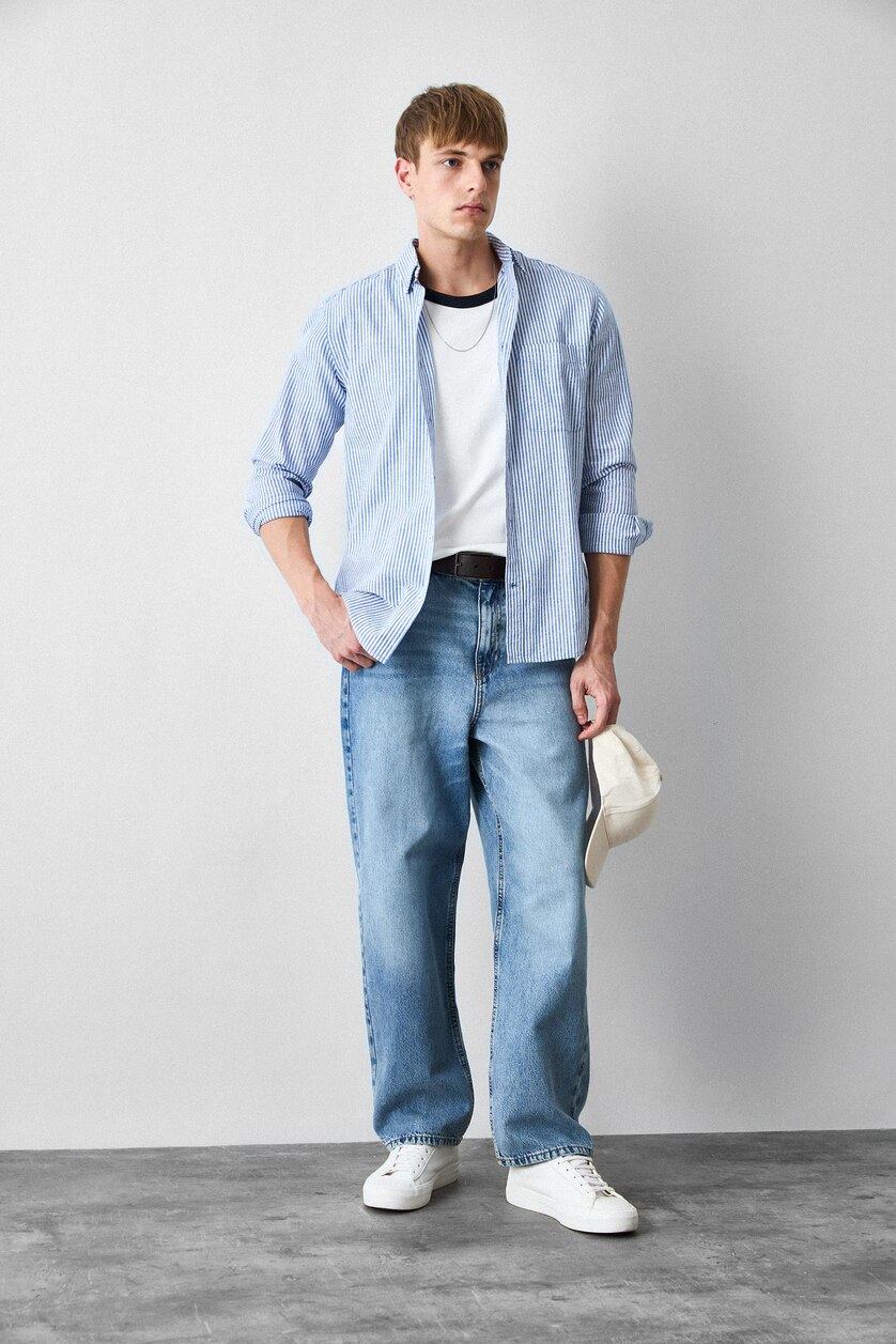 رجال أزرق فاتح Baggy Fit Wide Leg Jeans