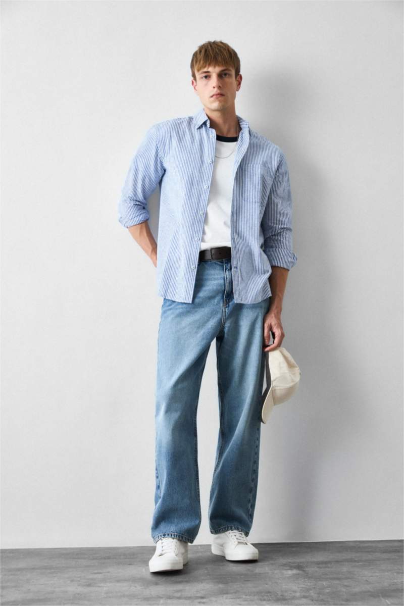 رجال أزرق فاتح Baggy Fit Wide Leg Jeans