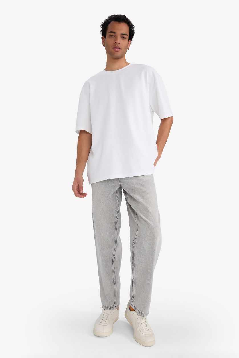Erkek Açık Gri Relax Fit Düz Paça Jean Pantolon
