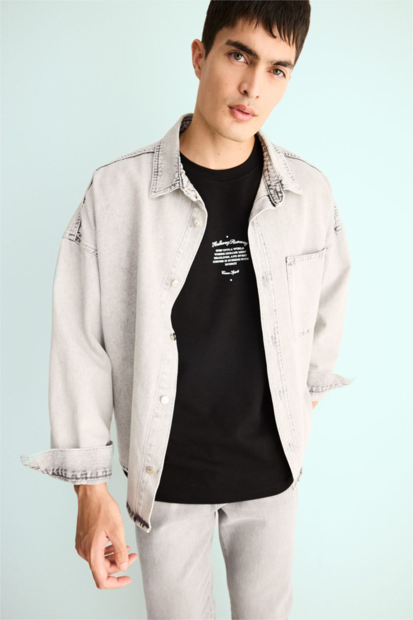 MAN Light Grey Oversize Fit Denim Long Sleeve Shirt