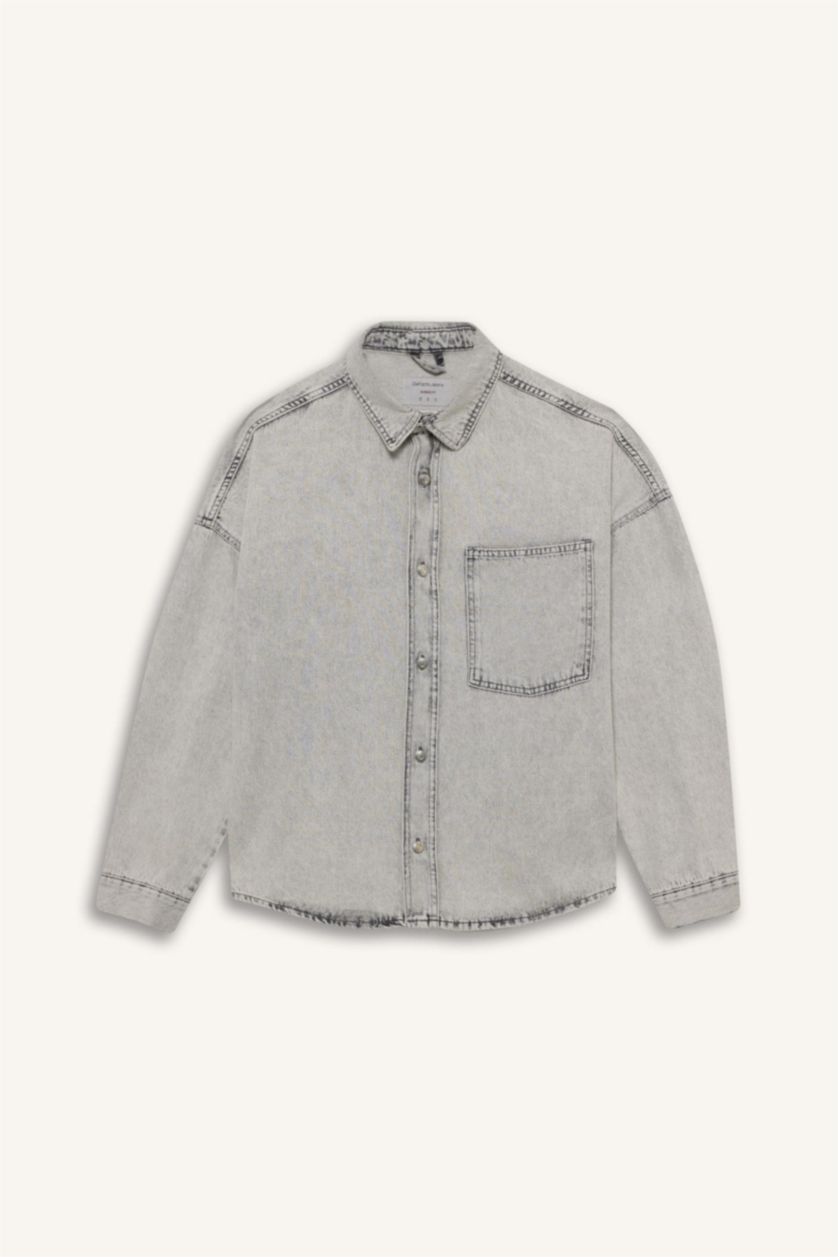 MAN Light Grey Oversize Fit Denim Long Sleeve Shirt