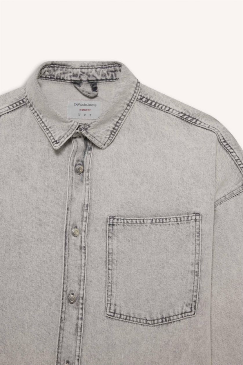 MAN Light Grey Oversize Fit Denim Long Sleeve Shirt