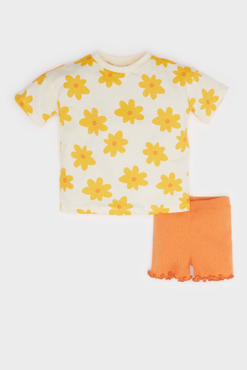 BABY GIRL Ecru Baby Girl Patterned T-Shirt Shorts 2 Piece Set