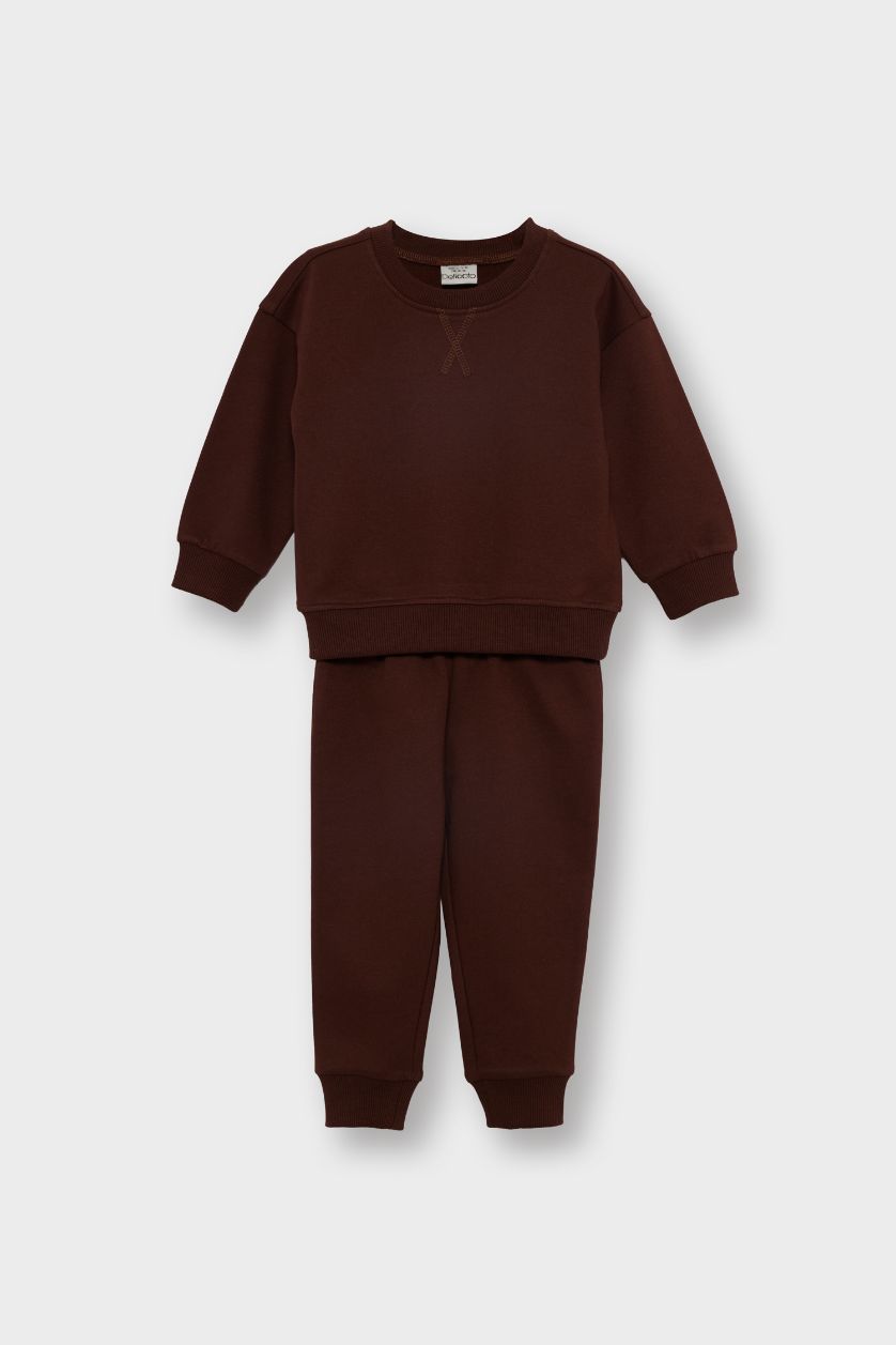 Erkek Bebek Kahve Erkek Bebek 2'li Takım Basic Düz Sweatshirt Eşofman Altı