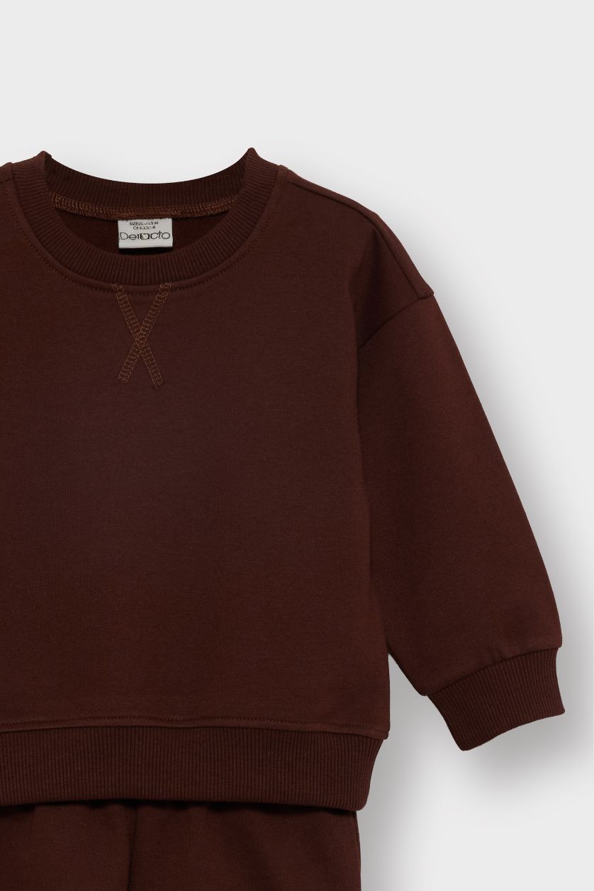Erkek Bebek Kahve Erkek Bebek 2'li Takım Basic Düz Sweatshirt Eşofman Altı