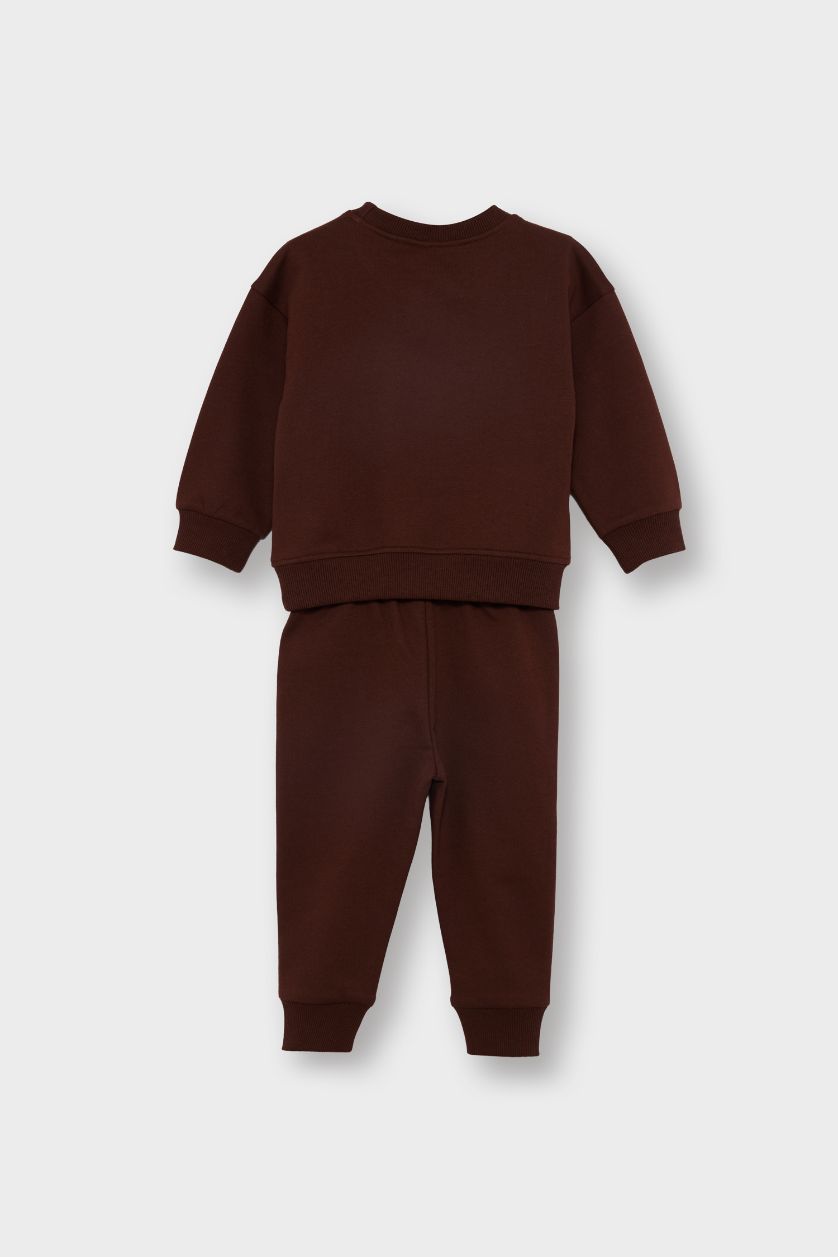 Erkek Bebek Kahve Erkek Bebek 2'li Takım Basic Düz Sweatshirt Eşofman Altı