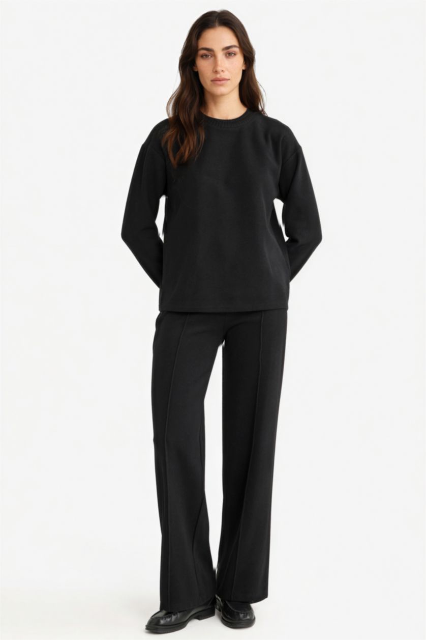 Kadın Siyah Straight Fit Beli Lastikli Selanik Kumaş Pantolon
