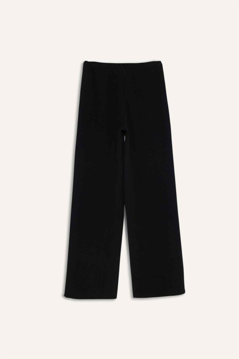 Kadın Siyah Straight Fit Beli Lastikli Selanik Kumaş Pantolon
