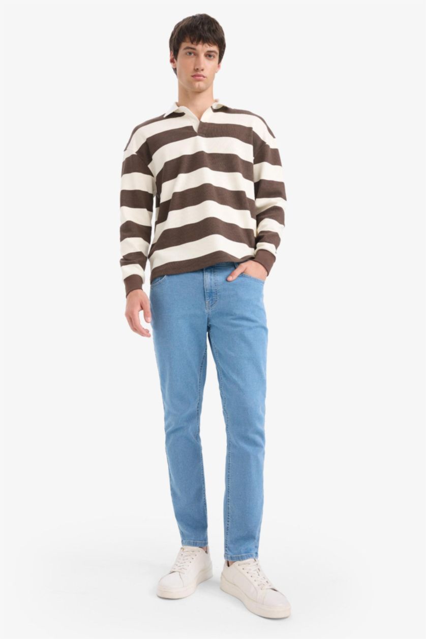 رجالي بني سويت شيرت مخطط اوفر سايز بياقة بولو