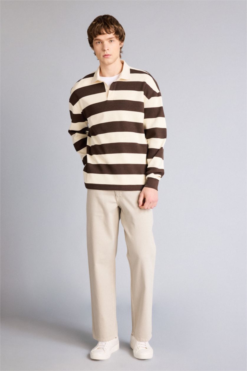 Erkek Kahve Boxy Fıt Polo Yaka Waffle Sweatshirt