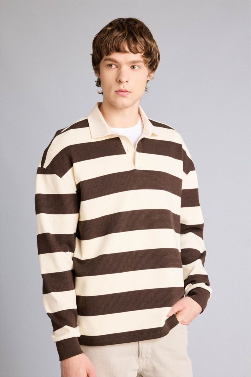 Erkek Kahve Boxy Fıt Polo Yaka Waffle Sweatshirt