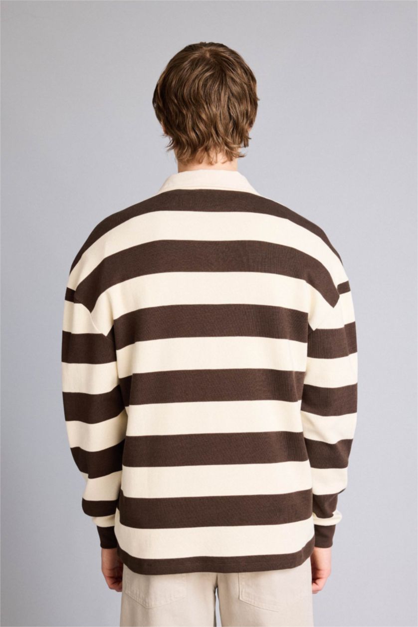 Erkek Kahve Boxy Fıt Polo Yaka Waffle Sweatshirt