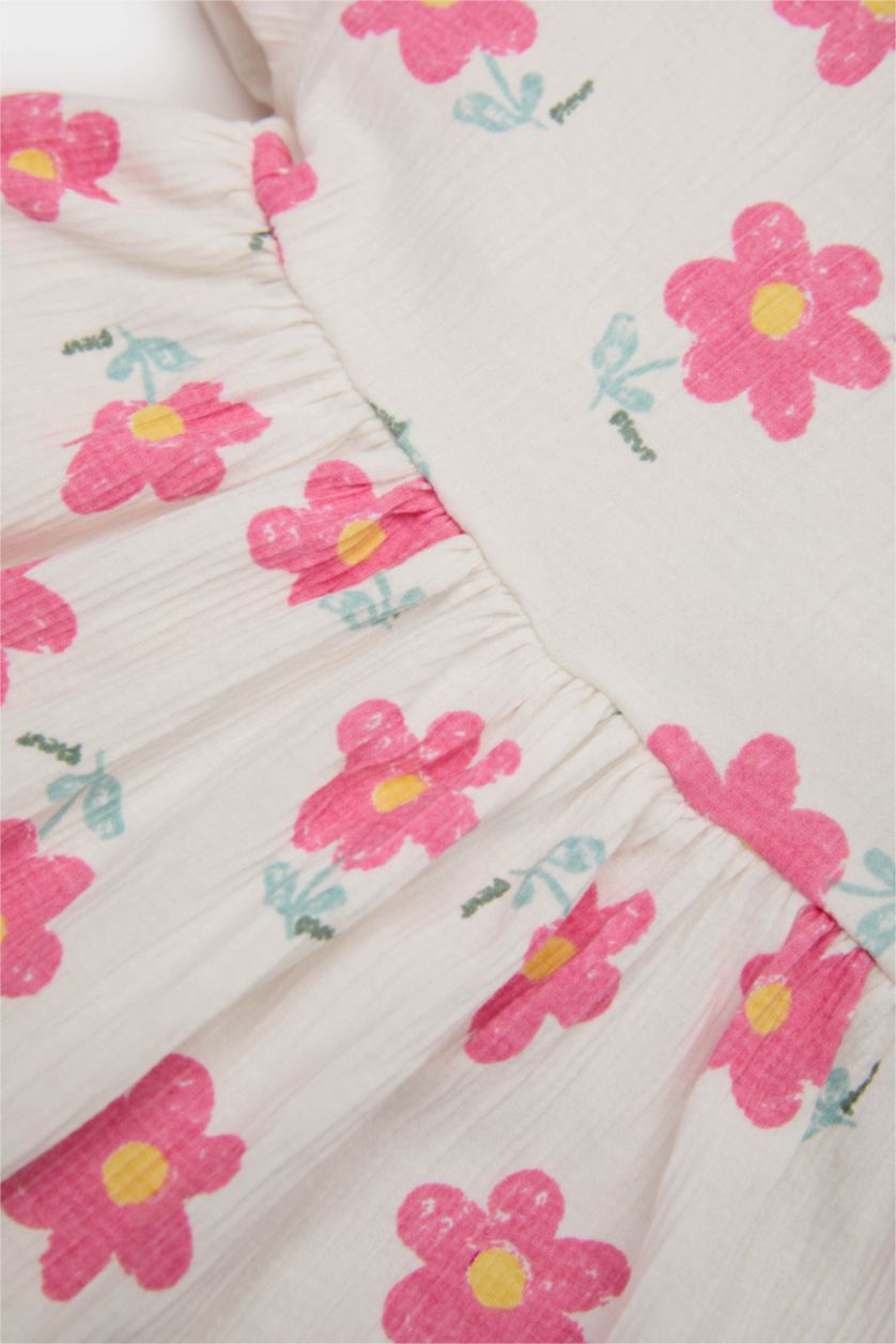 Kız Bebek Ekru 2'li Takım Çiçekli Kısa Kollu Bluz Beli Lastikli Pantolon Kız Bebek