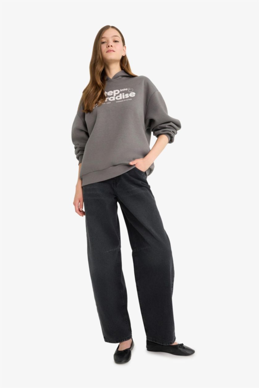 نساء رمادي سويت شيرت اوفر سايز تقيل بغطاء للرأس