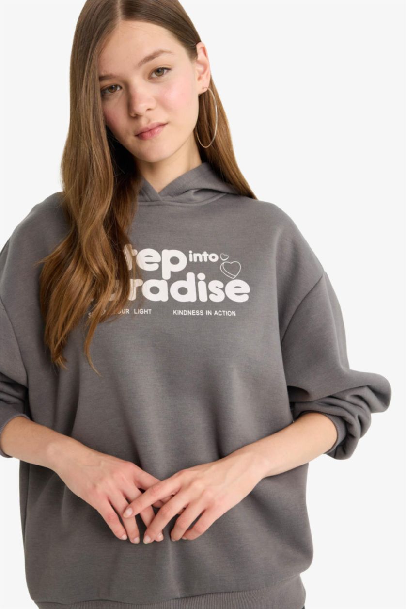 نساء رمادي سويت شيرت اوفر سايز تقيل بغطاء للرأس