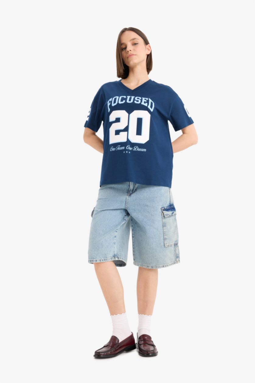 Женщины Синий Футболка оверсайз с принтом и коротким рукавом