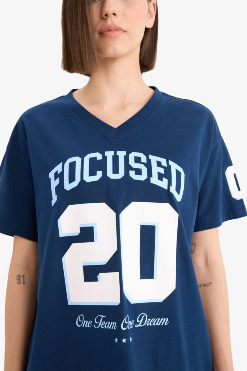 Женщины Синий Футболка оверсайз с принтом и коротким рукавом