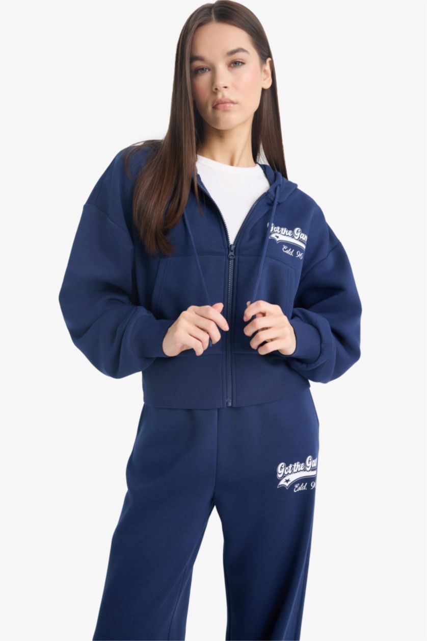 Woman NAVY Oversize Fit Hooded Thick Fabric Cardigan