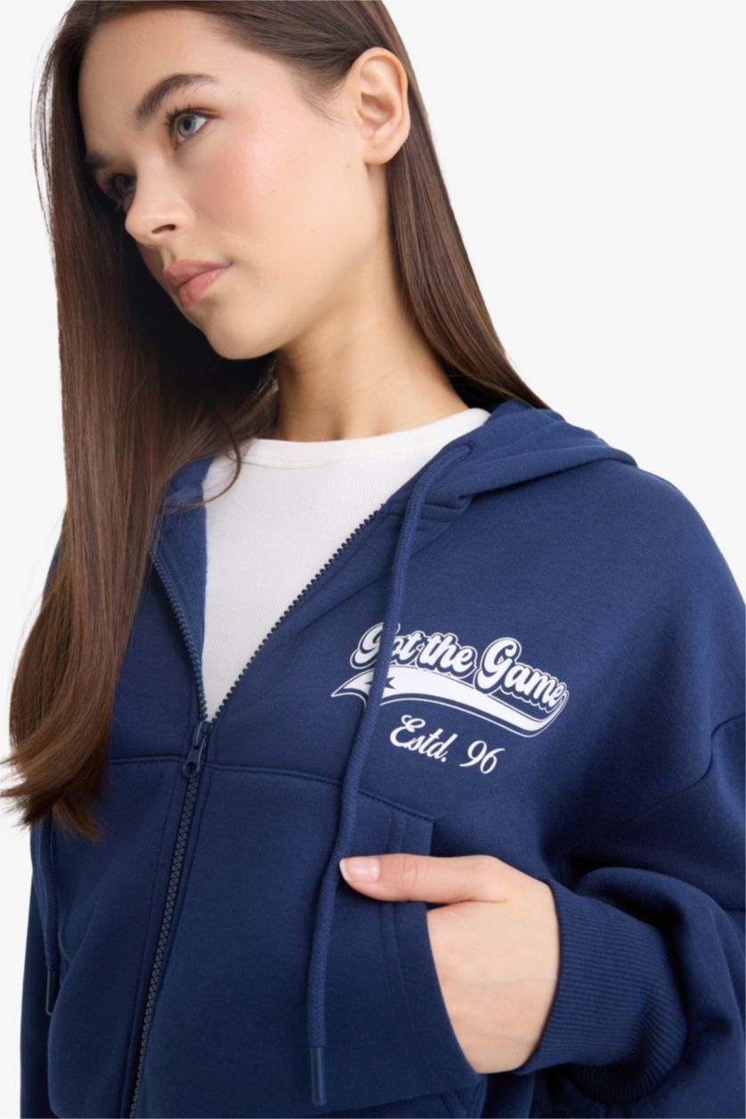 Woman NAVY Oversize Fit Hooded Thick Fabric Cardigan