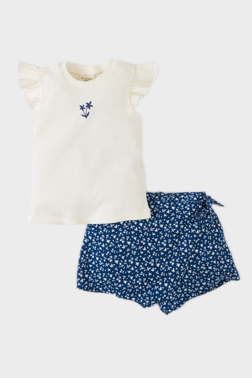 BABY GIRL Ecru Baby Girl Floral Ribbed T-Shirt Skort 2 Piece Set