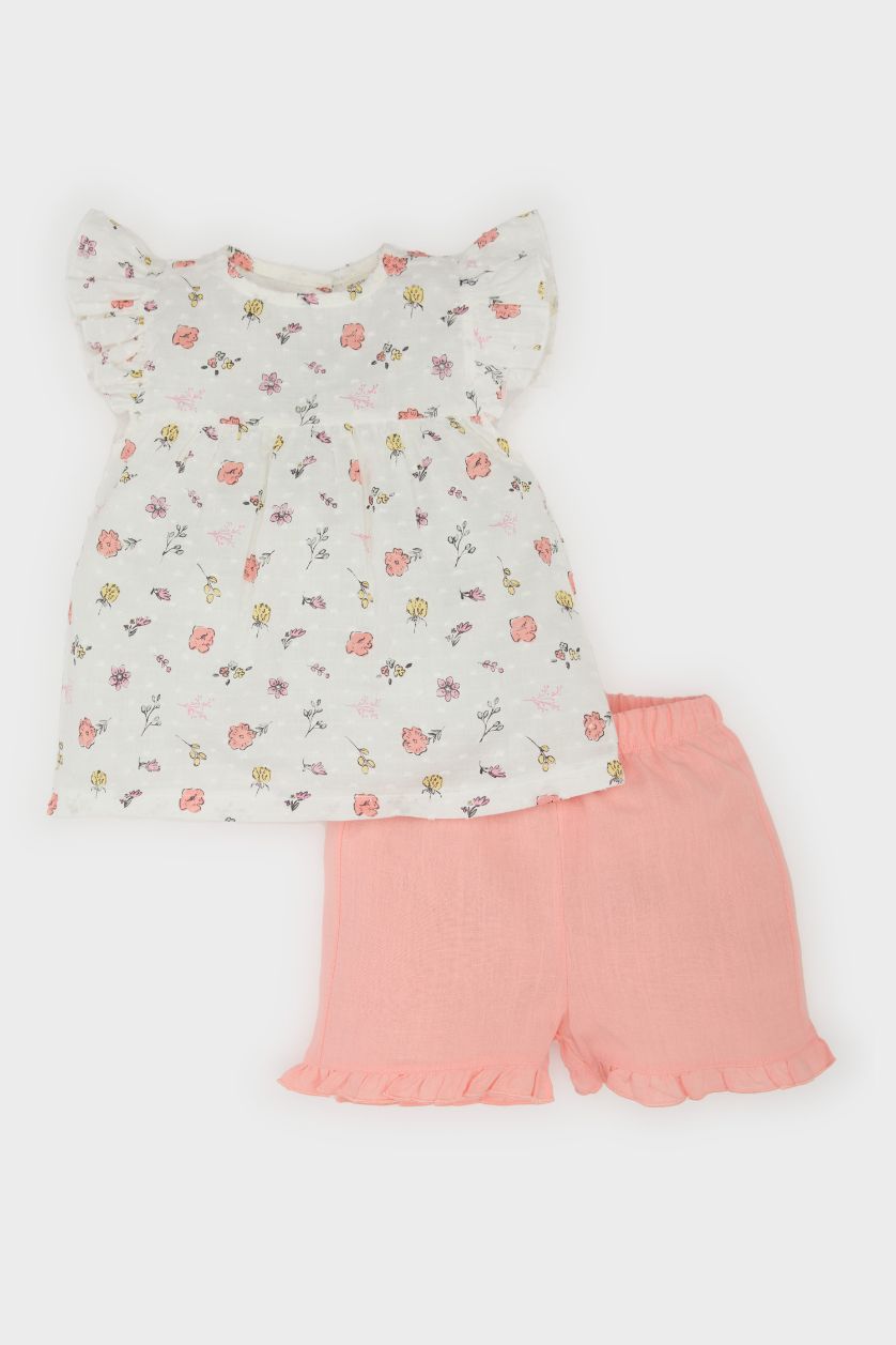 BABY GIRL Salmon Girl Floral Poplin Blouse Shorts 2 Piece Set