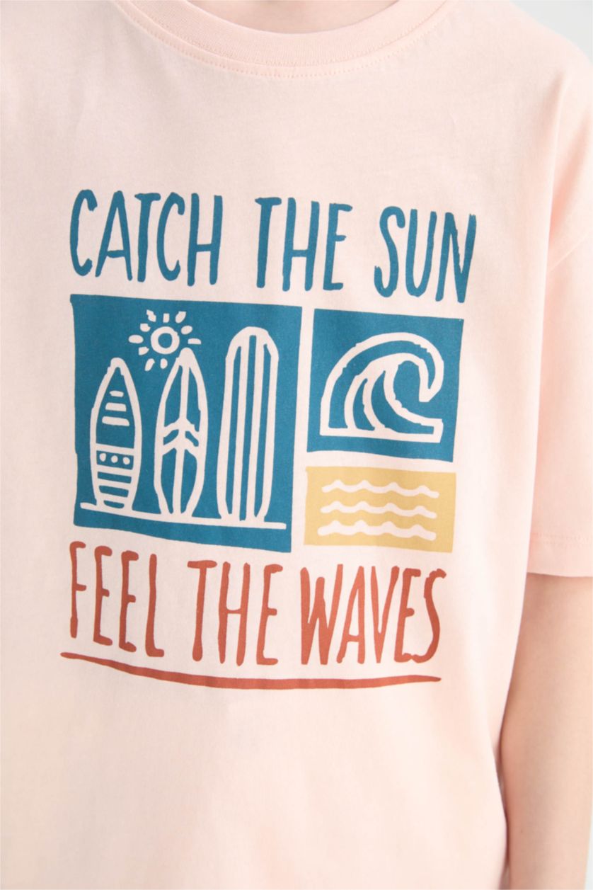 Erkek Çocuk - Genç Erkek Açık Pembe Bisiklet Yaka Baskılı Kısa Kollu Tişört Erkek Çocuk