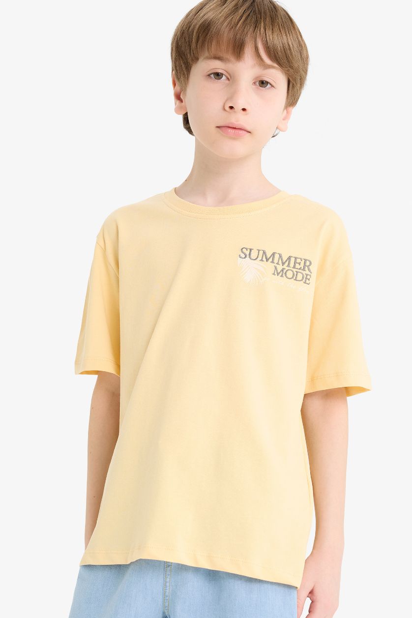 Erkek Çocuk - Genç Erkek Sarı Bisiklet Yaka Baskılı Kısa Kollu Tişört Erkek Çocuk