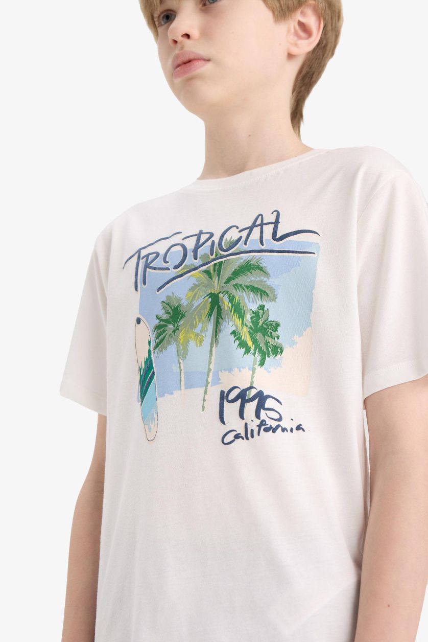 Erkek Çocuk - Genç Erkek Kırık Beyaz Bisiklet Yaka Baskılı Kısa Kollu Tişört Erkek Çocuk