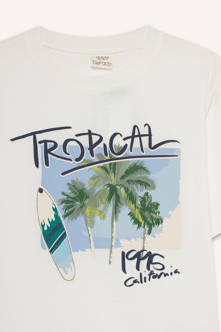 Erkek Çocuk - Genç Erkek Kırık Beyaz Bisiklet Yaka Baskılı Kısa Kollu Tişört Erkek Çocuk