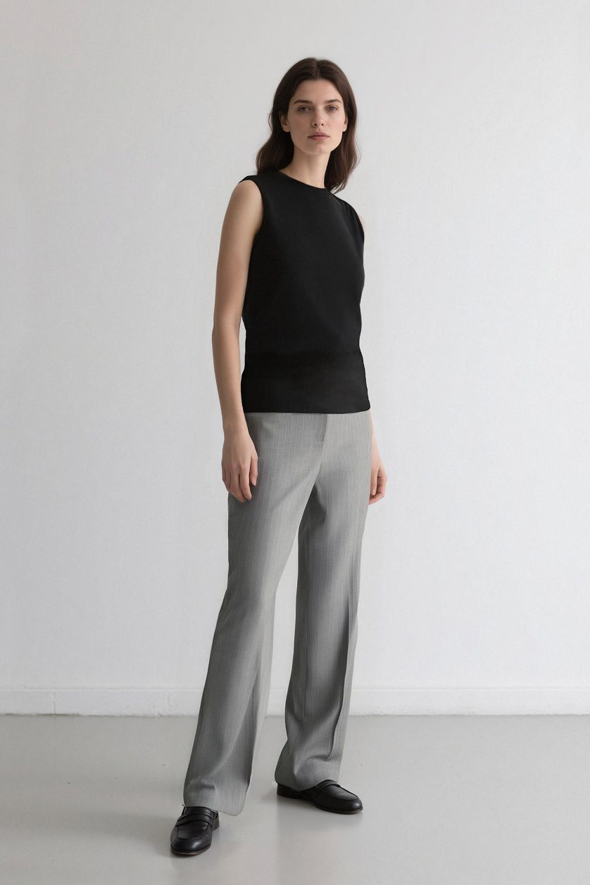 Woman Grey Straight Fit Regular Hem Striped Trousers