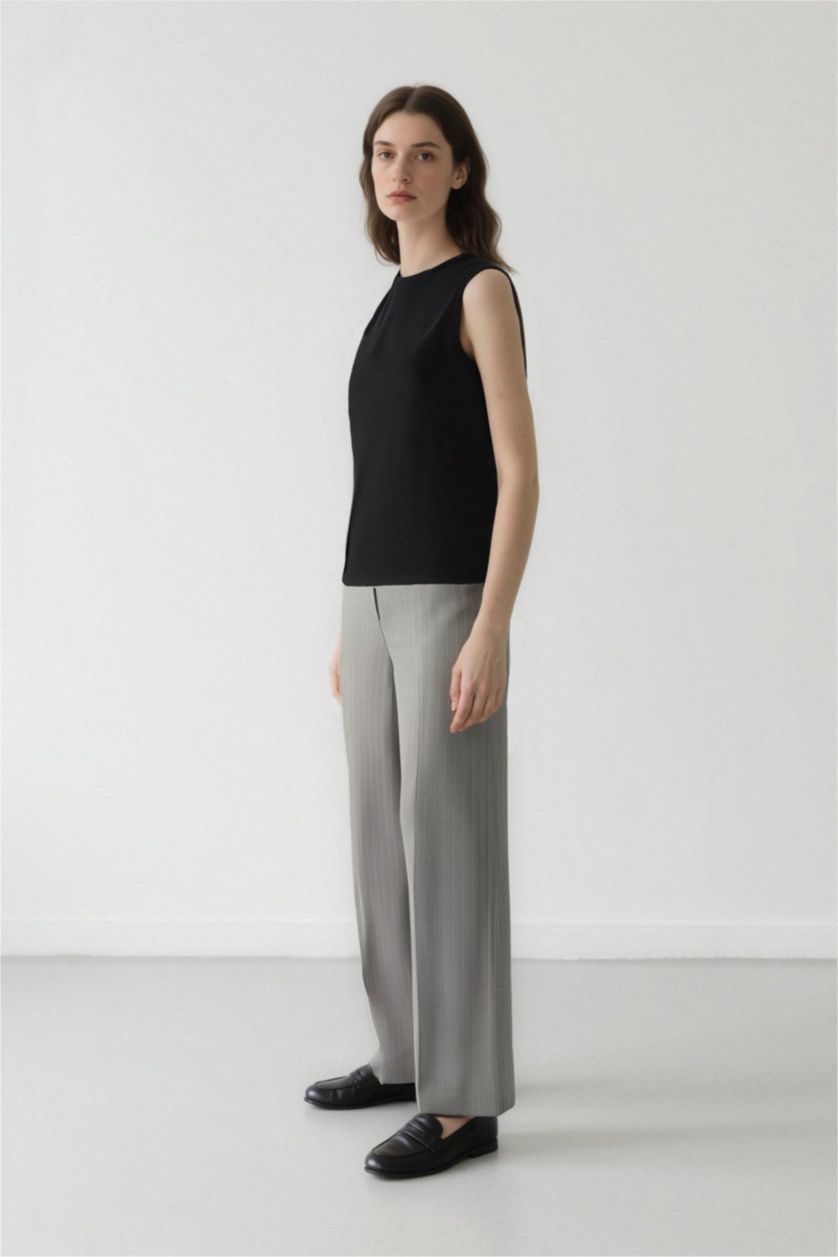Woman Grey Straight Fit Regular Hem Striped Trousers