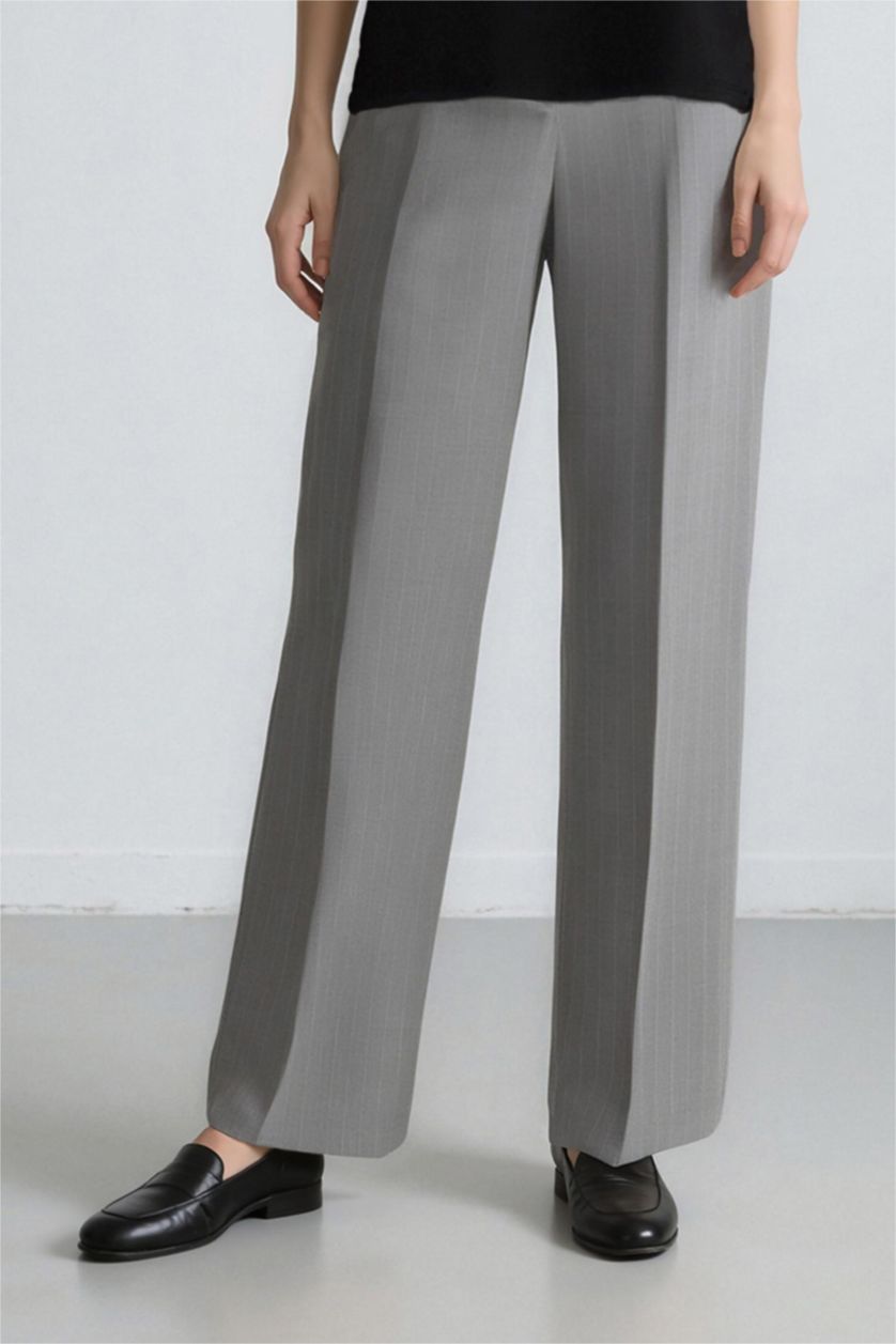 Woman Grey Straight Fit Regular Hem Striped Trousers